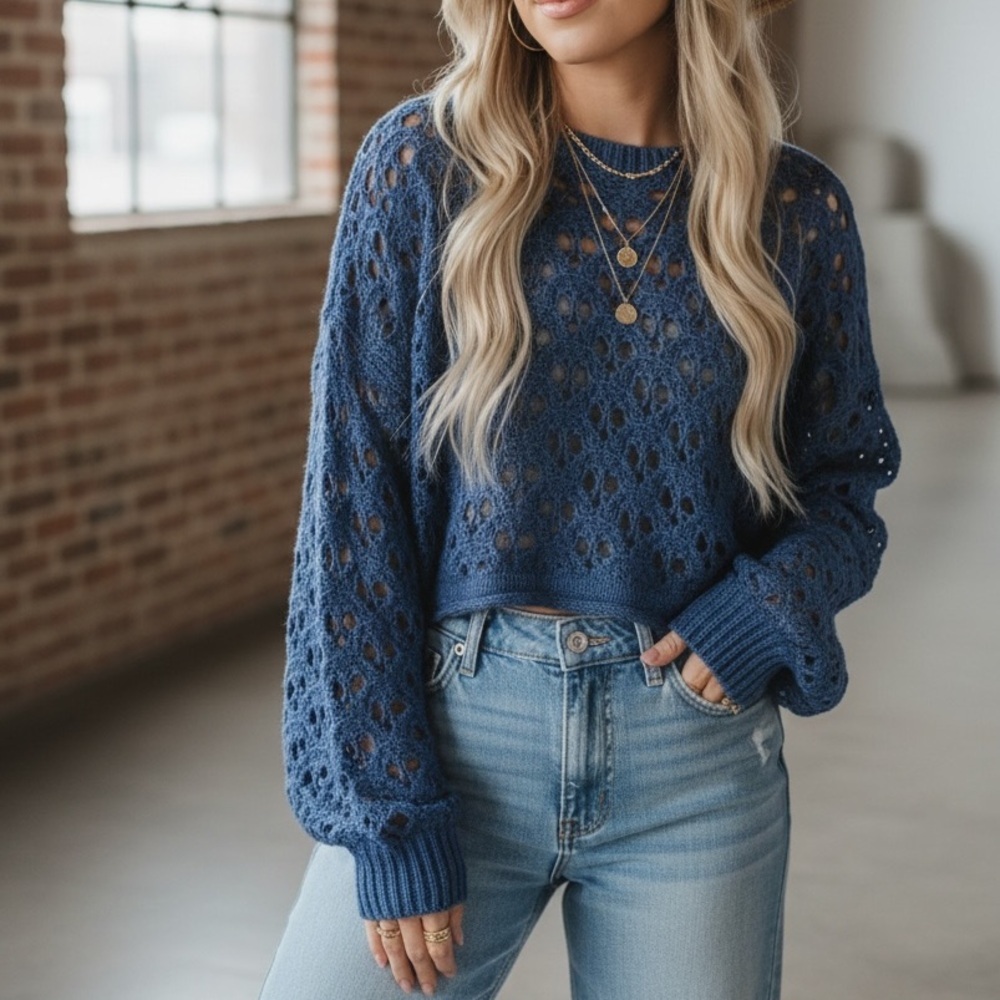 NWT Open Knit Speckled Cropped Balloon Sleeve Sweater Top Navy - Picture 4 of 10